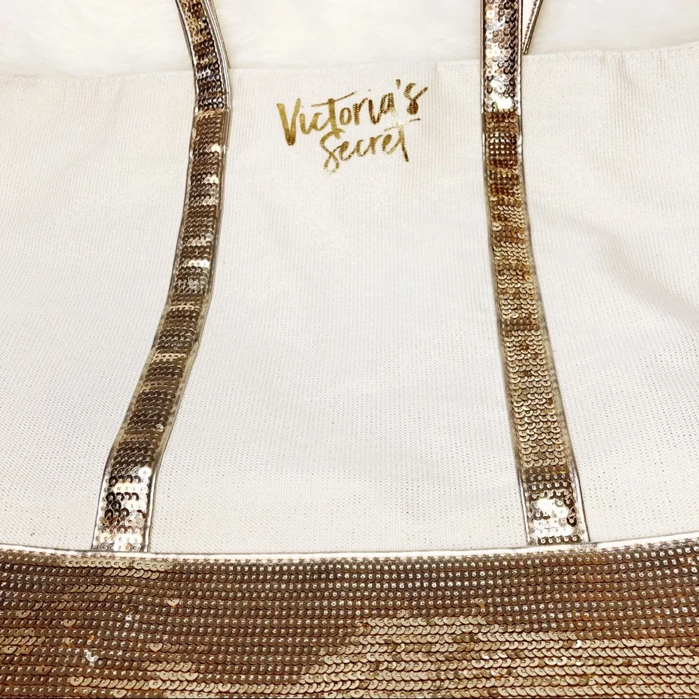 Victoria’s Secret cream Gold Sequin Large Tote NWOT - Picture 7 of 10